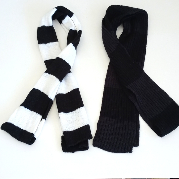 🌿 Set of 2 Thin Scarves Black White Stripes & Black & Grey Striped Scarves - Picture 8 of 9